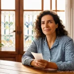 Home 18 에너지 소비 최적화를 위한 정책 제안 - **Prompt:** "A Portuguese woman in her late 30s is sitting at a wooden kitchen table in a brightly l...