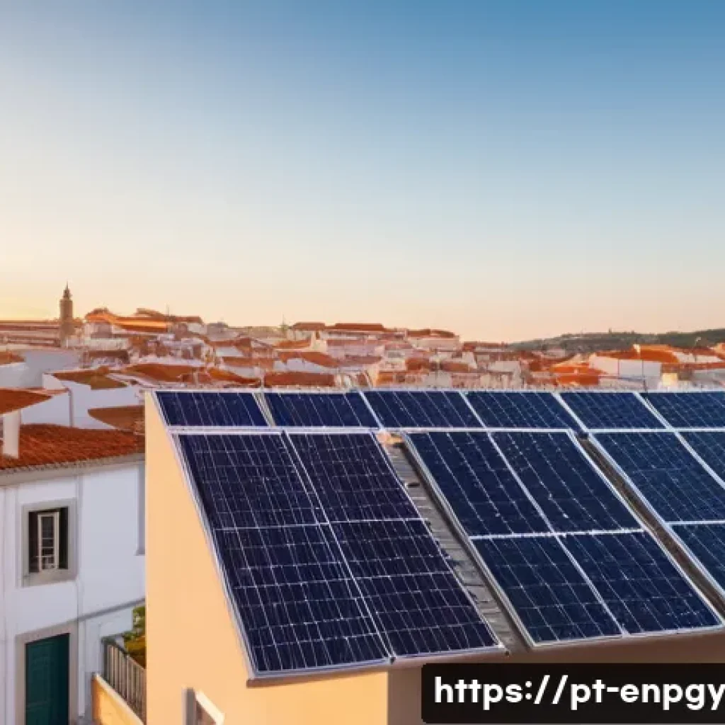에너지 자원 할당 시나리오 분석 - **Prompt:** A vibrant, sun-drenched Portuguese cityscape at sunset. Solar panels are visible on roof...
