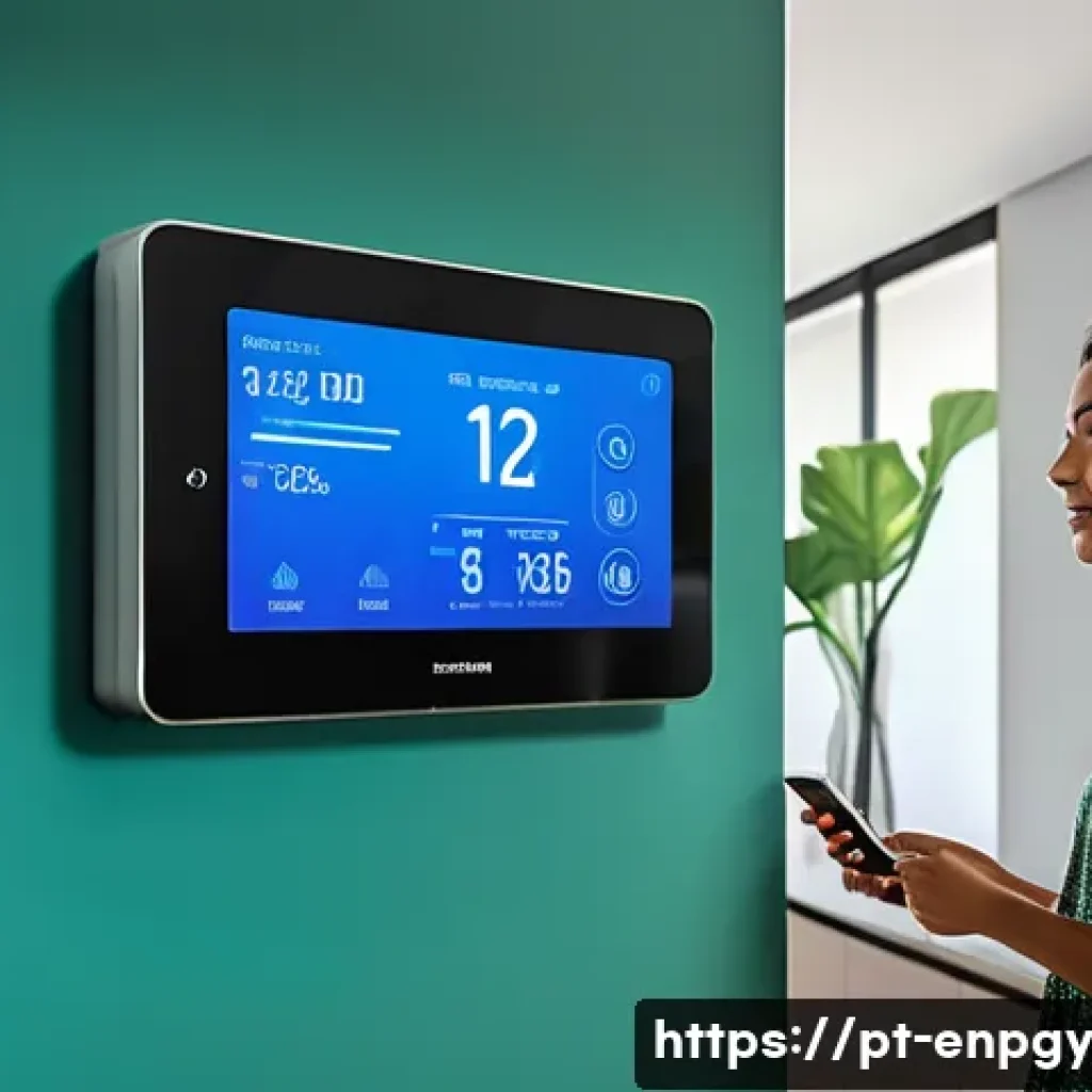 에너지 관리에서의 성과 평가 방법 - A modern Brazilian home interior with smart energy monitoring devices visible on walls and appliance...