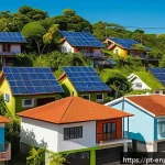 Home 18 지속 가능한 에너지 배분 솔루션 - A vibrant neighborhood in Brazil featuring modern smart grid technology installations on rooftops an...