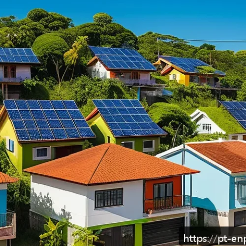 Home 30 지속 가능한 에너지 배분 솔루션 - A vibrant neighborhood in Brazil featuring modern smart grid technology installations on rooftops an...