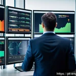 Home 23 에너지 효율성 평가를 위한 KPI 설정 - A modern industrial control room with multiple large digital screens displaying real-time energy con...