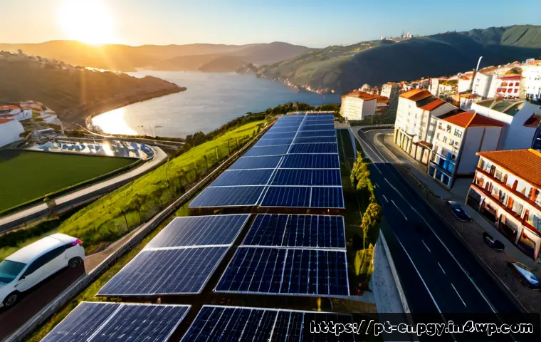 도시 에너지 배분 최적화 사례 분석 - Photorealistic aerial view of a modern Portuguese coastal city at golden hour, solar panels on apart...