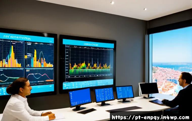Home 17 전력 거래에서의 에너지 배분 전략 - Photorealistic modern energy trading control room in Portugal, a diverse team of utility analysts re...